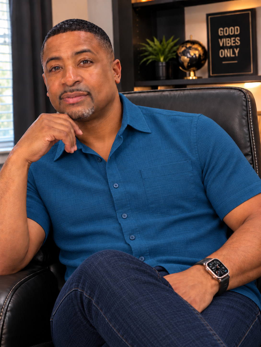 Pastor Marco McNeill seated in a black shirt
