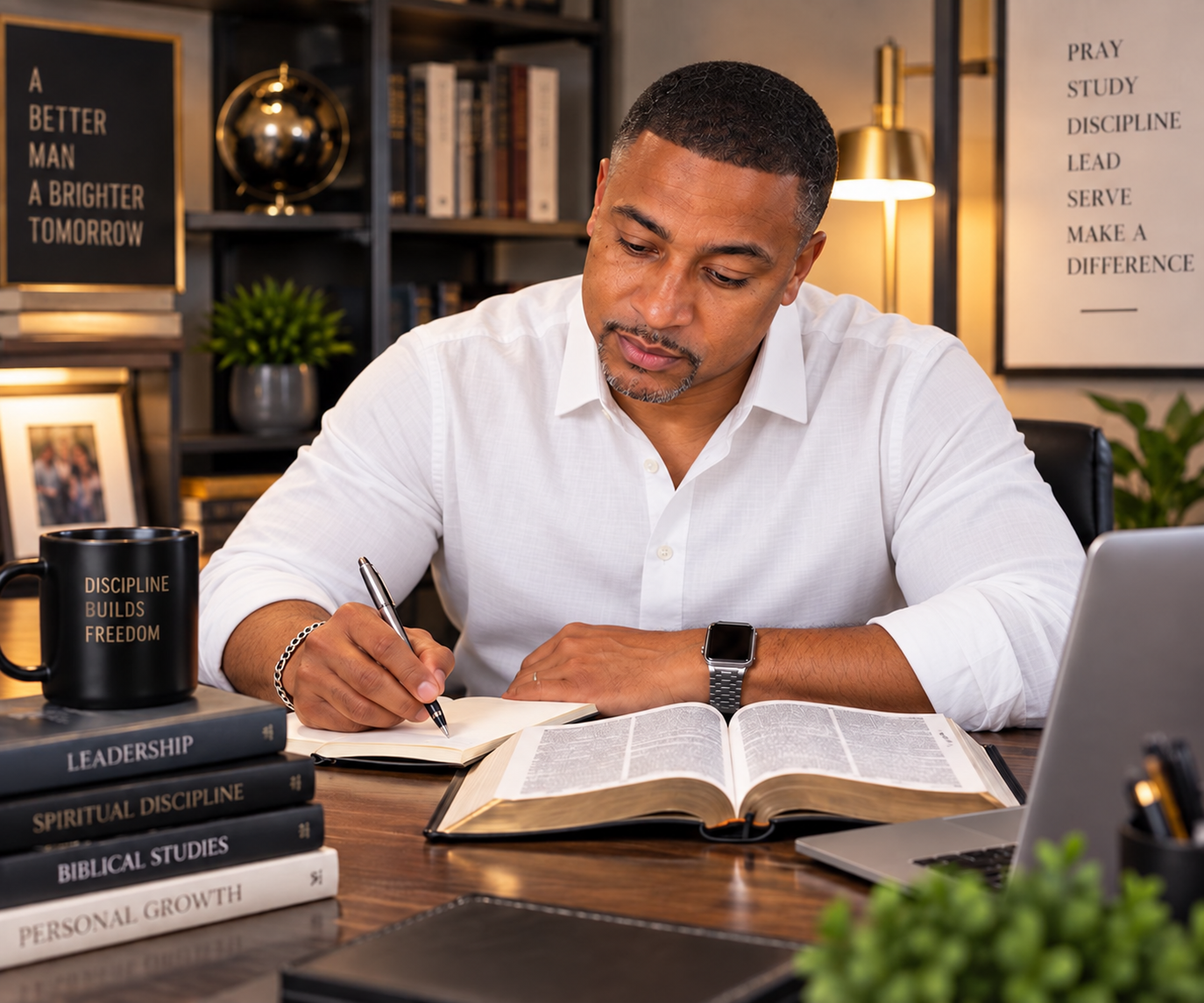 Pastor Marco McNeill studying at his desk